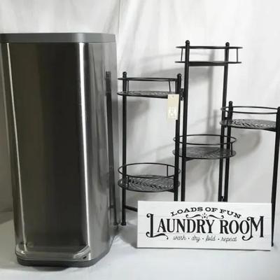 Laundry Room Lot – Stainless Trash Can, Metal Plant Stand & Decorative Sign