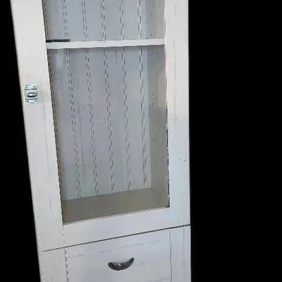 Set of Two White Display Cabinets with Glass Doors and Lights