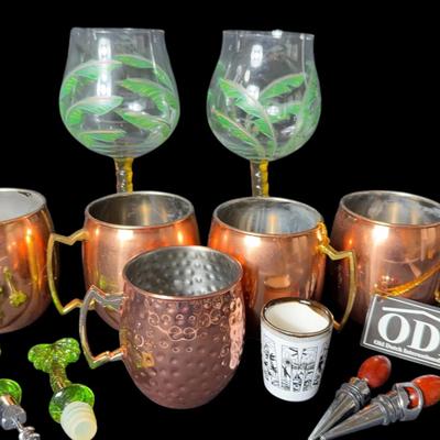 Cocktail Hour Barware Lot – Old Dutch Copper Mugs, Hand-Painted Glasses, Bottle Stoppers, and More