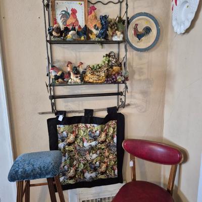 Sale Photo Thumbnail #2: Rooster Collection, MCM Red Chair, Blue Velvet Bar Stool