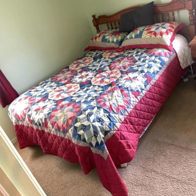 Queen Size Bed Frame, Mattress, Quilt, Sheet, Throws + Pillows
