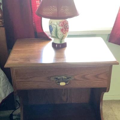 Wooden End Table, Table Lamp + Curtains