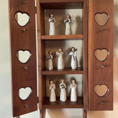Collection of 8 Willow Tree Figurines + a Vintage Wooden Shelf