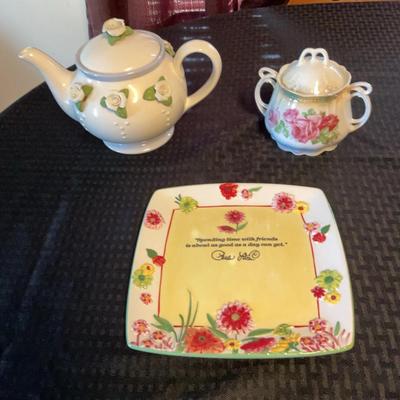 Vintage Tea Pot, a Sugar Bowl + a Paula Deen Ceramic Plate