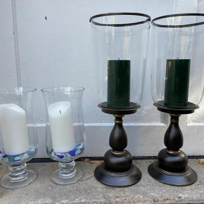 Two Pairs Of Candle Holders With Hurricane Globes