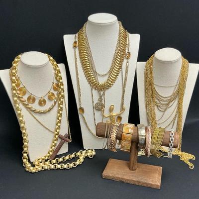 Various Gold Toned Necklaces And Bracelets 