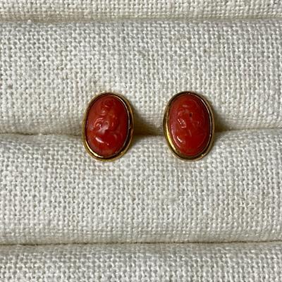 18k Gold Coral Cameo Earrings