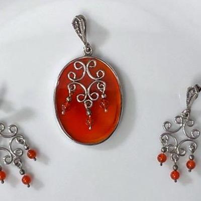 Sterling Silver And Carnelian Pendant With Earrings