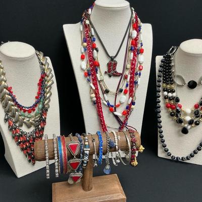 Red, White, Blue And Black Necklaces And Bracelets 
