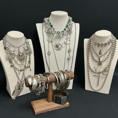 Various Silver Toned Necklaces And Bracelets 