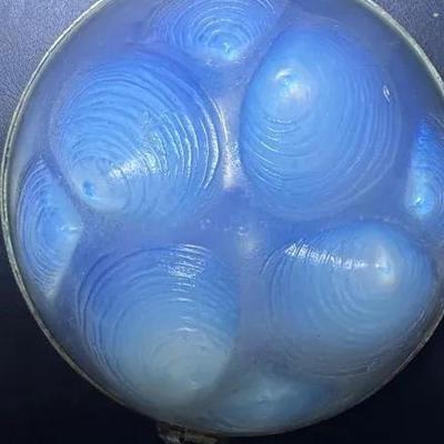 Sabino Paris “Coquilles” Opalescent Glass Bonbonnière with Metal Mount and Shell Clasp, c. 1925–1930