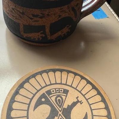 Handmade Southwestern Pottery Mug & Thunderbird Coaster – Rustic Tribal Design