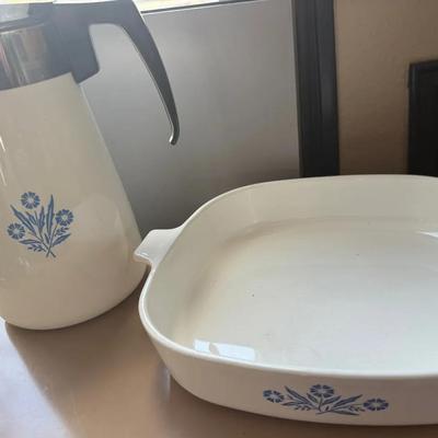 Vintage Corning Ware Blue Cornflower Casserole Dish (P-16-B) & 9-Cup Coffee Percolator – Made in USA