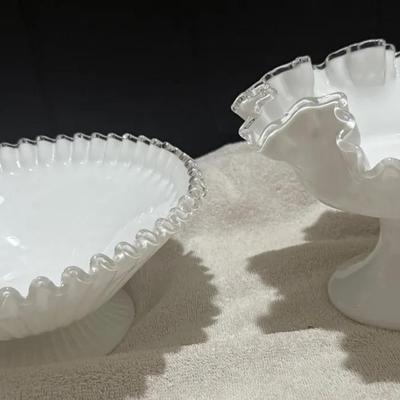 Vintage Fenton Milk Glass Silver Crest Compote & Bowl Set
