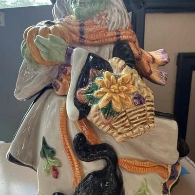 Fitz and Floyd Halloween Witch Cookie Jar with Black Cat & Pumpkin – Hand-Painted Ceramic 