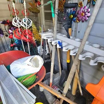 Yard Tools, Stand, Hoses, Extension Cords Wheel Barrow. 