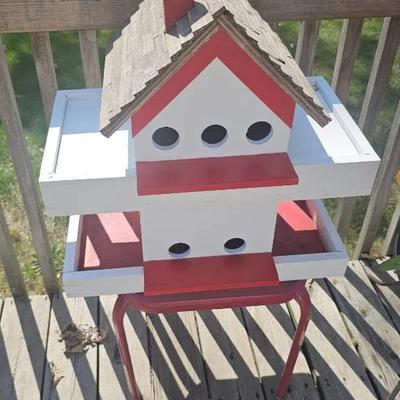 Red & White Large Birdhouse on Stand. 