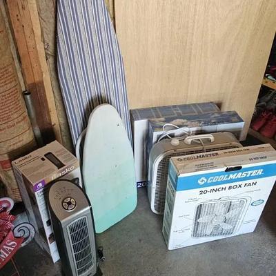 Box Fans (Some New in Box), Heaters, Ironing Boards
