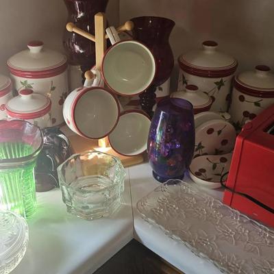 Cherry Canister Set, Toaster, Vases & Migs In Pictures