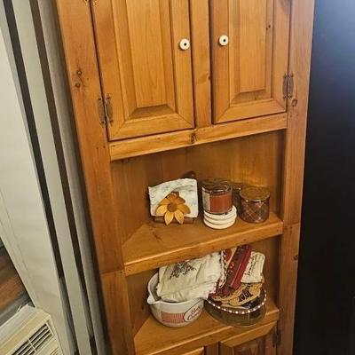 Corner Cabinet & Black Painted Trash Can. 