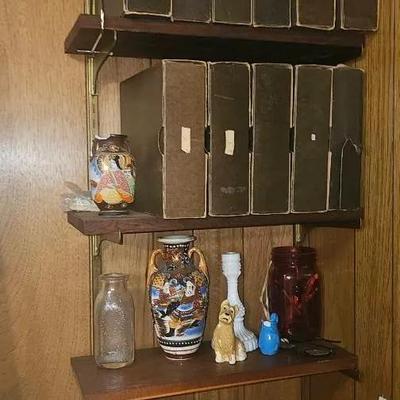 Pie Plate, Figurines, Slides & Other Items On Shelves