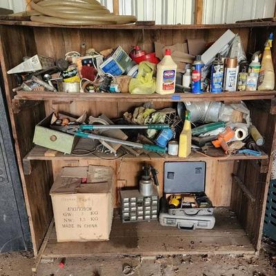 Wooden Shelves & Everything on. Tools & Many Garage Items. 