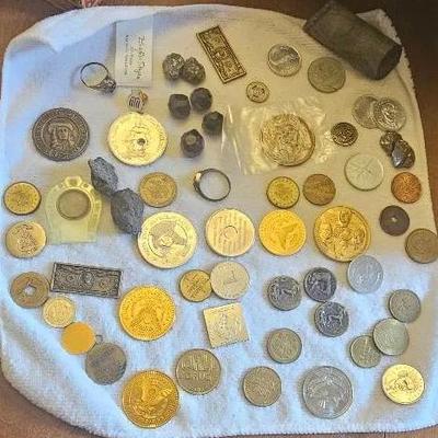Garnets, Tokens & Other Minerals W/ Other Jewelry & Coins