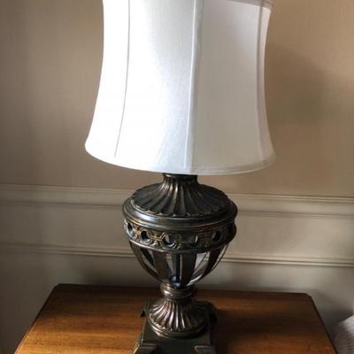 Pair of Mid-Century Bronzed Urn Lamps – Open Cage Design, One Lit