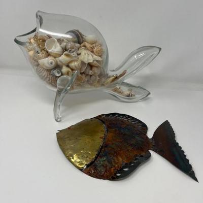 Blenko Style Clear Glass Fish Filled with Shells & Metal Art Fish