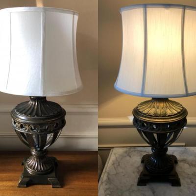 Pair of Mid-Century Bronzed Urn Lamps – Open Cage Design, One Lit