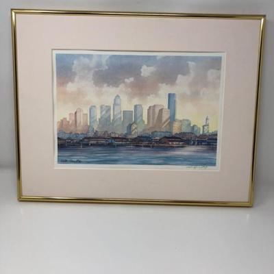 Walter Share Watercolor – 1989 Seattle Waterfront Skyline, Framed