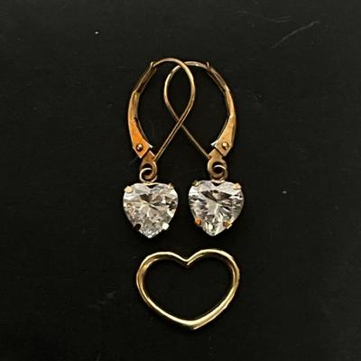 Floating Heart and CZ Heart Earrings w/14K Stamp
