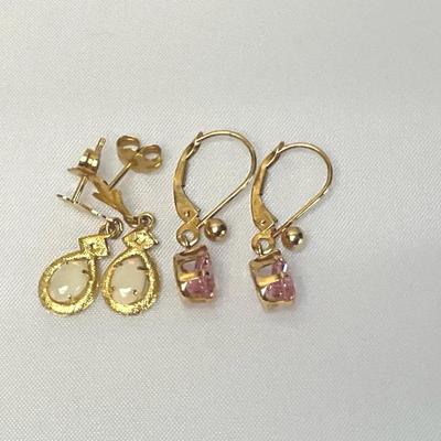 Pink Stone Drop Earrings Stamped 14K