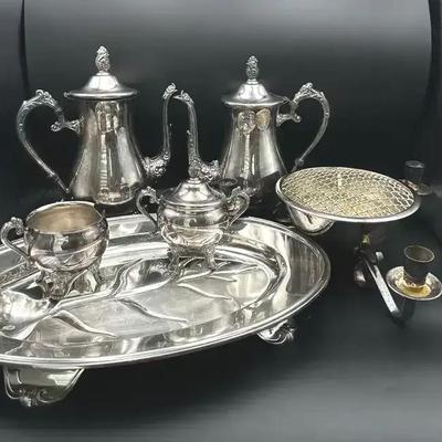 Silver Electroplated Serving Lot – Suffolk Silversmith Coffee Set, Reed & Barton Platter 