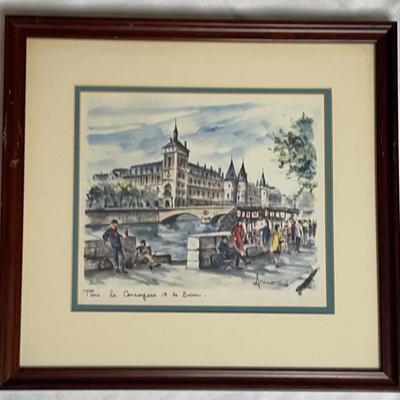 Paris “La Conciergerie & the Seine” – Framed Print, signed “Arno,” 15” x 15”