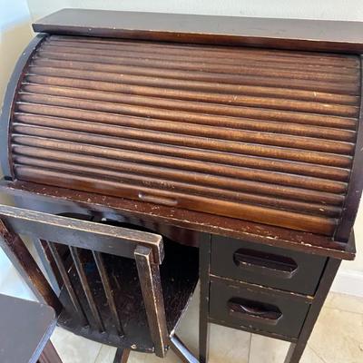 Antique miniature roller desk 27 wide x 35 inch and two draws. 