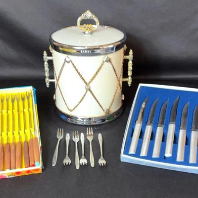 Hollywood Regency Ice Bucket, Fondue Forks and Knives