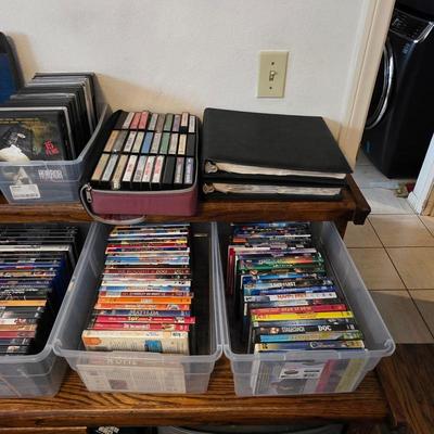 CDs, DVDs, vinyl records, cassette tapes