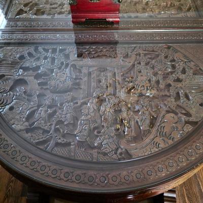 Sale Photo Thumbnail #60: Ornate Chinese carved top table and chairs