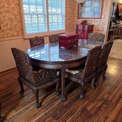 Sale Photo Thumbnail #8: Ornate Chinese carved top table and chairs