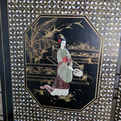 Sale Photo Thumbnail #21: Stunning vintage Chinese Coromandel lacquer and jade 6-panel room divider
