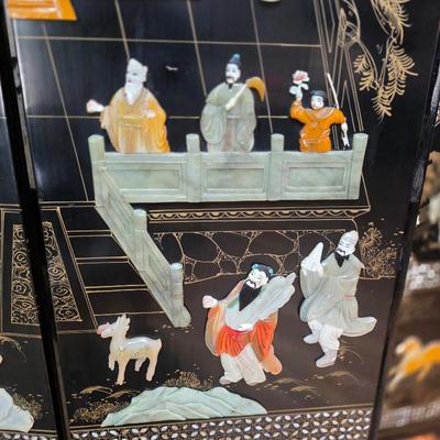 Sale Photo Thumbnail #23: Stunning vintage Chinese Coromandel lacquer and jade 6-panel room divider