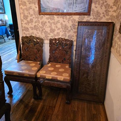 Additional chairs and leaf for ornate carved Chinese dining table