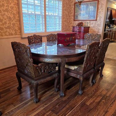 Sale Photo Thumbnail #59: Ornate Chinese carved top table and chairs