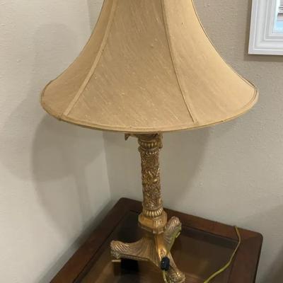 Gold Toned Table Lamp With Beige Metallic Shade