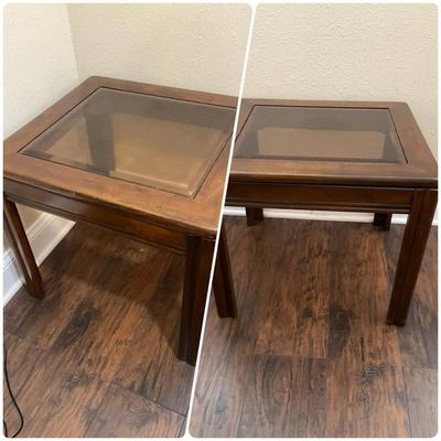 Square Glass Top Dark Wood Side Tables Pair