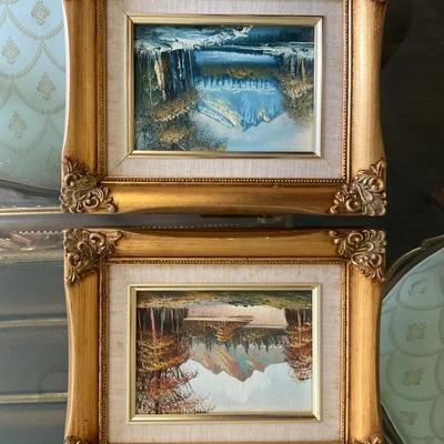 Gold Toned Framed Small “River & Mountain Landscape Scene “ Set Of 2