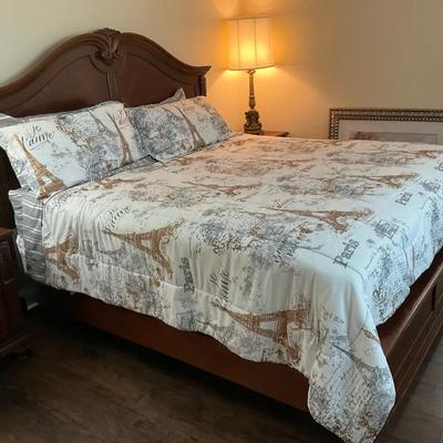 King Sized Wooden Frame Bed W/ Bedding