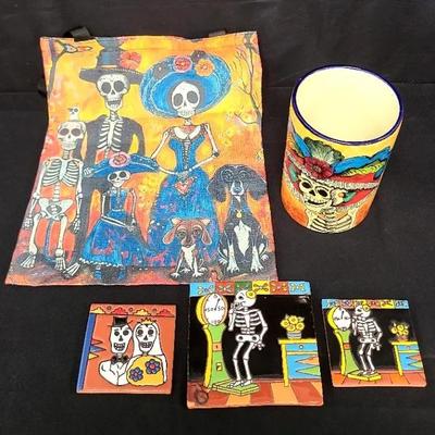Day Of The Dead Theme Mosaics, Bag & Pot
