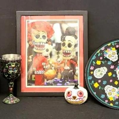 Black & White Day Of The Dead Decor With Bursts Of Color Throughout 